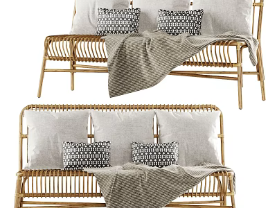 Comfortable Outdoor Wicker Lounge Chair With Soft Cushions And Blanket 3d model
