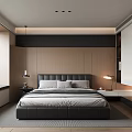 Minimalist Modern Bedroom Interior With Wooden Headboard Bed Table Lamps And Wardrobes