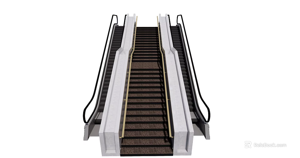 Modern Escalator With Black Handrails Dark Steps And White Side Panels 3d model 