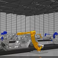 Automotive Factory Production Line With Yellow And Blue Robotic Arms Assembling Car Body Frames