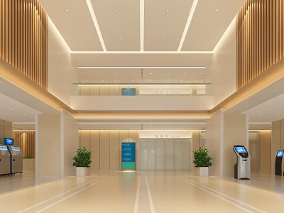 Modern Bright Lobby Interior Featuring Wooden Decor Glass Doors Blue Sign Green Plants And Self Service Kiosks 3d model