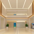 Modern Bright Lobby Interior Featuring Wooden Decor Glass Doors Blue Sign Green Plants And Self Service Kiosks