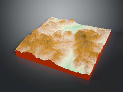 Scenic 3D Terrain Model With Orange Yellow Mountain Ranges And Green Water Area 3d model
