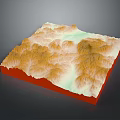 Scenic 3D Terrain Model With Orange Yellow Mountain Ranges And Green Water Area