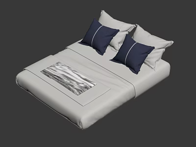 Modern Double Bed With White Bed Sheet Navy Blue Pillows And Silver Blanket 3d model