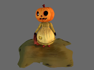 Halloween Themed Decorative Ornament Set with Pumpkin Head Doll in Yellow Dress on Stone Base 3d model