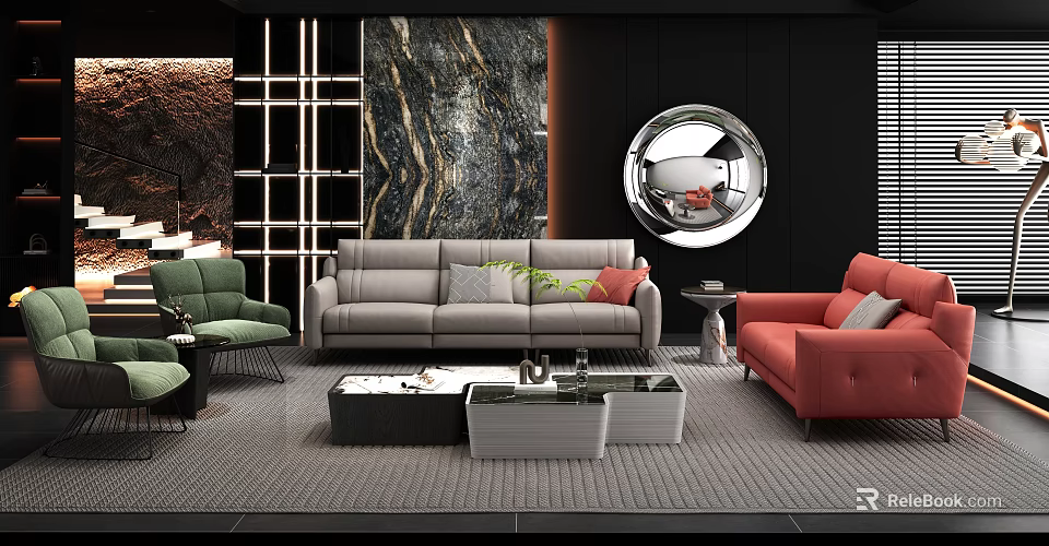 Modern Stylish Sofa Coffee Table Set With Multi Colored Sofas Marble Wall Art And Round Mirror 3d model
