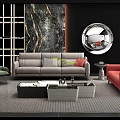 Modern Stylish Sofa Coffee Table Set With Multi Colored Sofas Marble Wall Art And Round Mirror 3d model