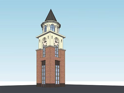 Red Brick Clock Tower With White Upper Section Steeple And Glass Windows 3d model