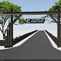 Scenic Natural Entrance With Wooden Archway Trees Deer Sculptures And Road