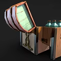 Open Wooden Chest With Bottles Plants Jars And Books Inside