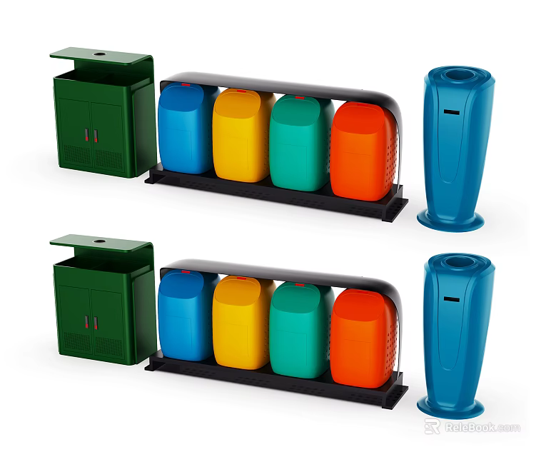 Public Facilities With Colorful Recycling Bins Blue Yellow Green And Orange Containers 3d model 