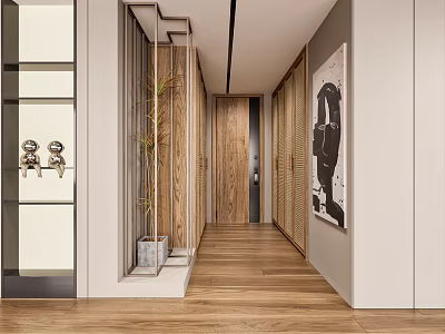 Modern Entryway Hallway Design With Wooden Flooring Potted Plant And Decorative Painting 3d model