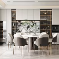 Modern Restaurant Interior With Round Dining Table White Cabinets Green Plants And Wine Cabinet