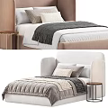 Beige Upholstered Double Bed With Pillows Blanket Quilt And Side Table