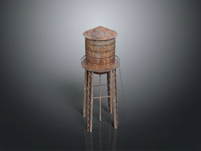 Decorative Household Water Tower Model With Rusty Metal Stand And Conical Top 3d model