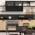 Modern Kitchen With Wooden Cabinets Black Countertop And Stainless Steel Oven Green Apples Hanging Utensils