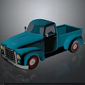 Vintage Blue Classic Truck With Red Rims Shiny Body And Reflection On Dark Surface