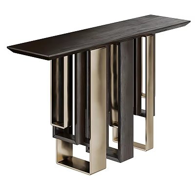 Modern Console Table Side Cabinet With Dark Wood Top And Geometric Metal Brass Legs Design 3d model