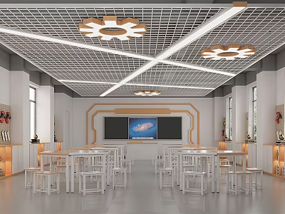 School Cafeteria Interior With White Tables Chairs Flower Shaped Ceiling Lights And Grid Design 3d model