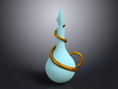 Blue Glass Bottle With Gold Spiral Ornament Pointed Top And Curved Handle 3d model