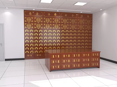Traditional Brown Wooden Display Cabinet Shelves With Golden Drawer Fronts And Decorative Patterns 3d model