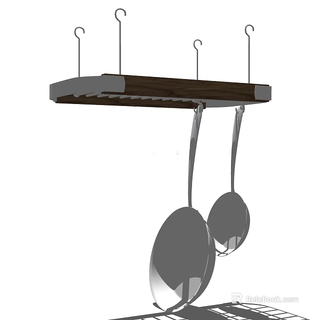 Hanging Kitchen Utensils Storage Rack With Wooden Shelf And Metal Spoons Design 3d model 