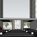 Modern Building Entrance Gate With Canopy Decorative Wall And Ground Lights Near Red Car