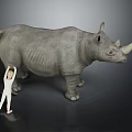 Giant Rhinoceros with Small Human Figure Standing Beside Showing Size Comparison on Gray Background