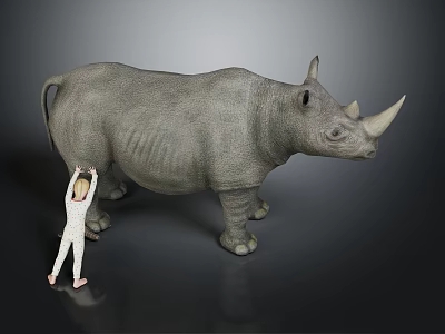 Giant Rhinoceros with Small Human Figure Standing Beside Showing Size Comparison on Gray Background 3d model