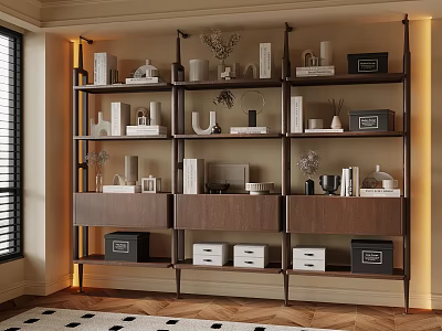 Elegant Modern Bookshelf With Multiple Shelves Books Decorative Items And Storage Boxes 3d model