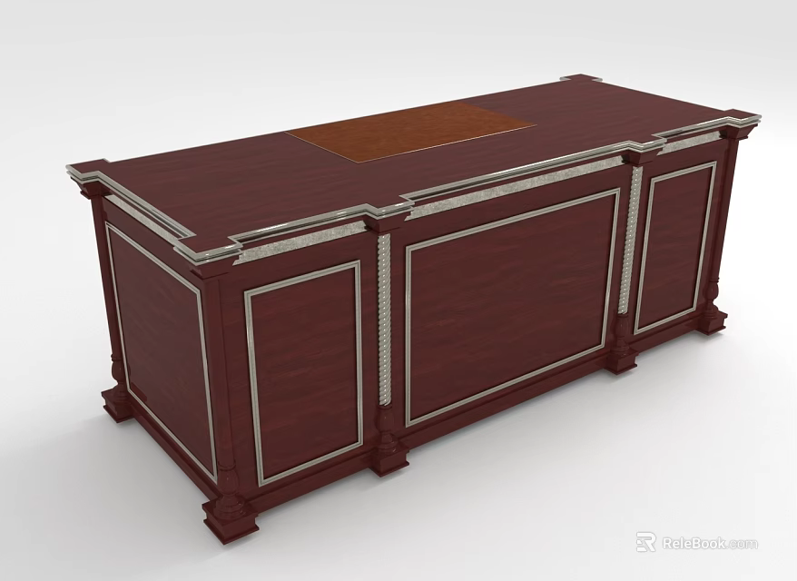 Classic Dark Wooden Office Desk With Leather Top Section Metal Trim And Cabinet Drawers 3d model 
