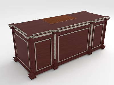 Classic Dark Wooden Office Desk With Leather Top Section Metal Trim And Cabinet Drawers 3d model