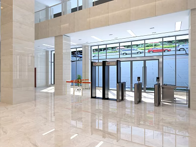 Modern Public Facility Lobby With Marble Floor Glass Doors Turnstiles And Large Windows 3d model