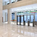 Modern Public Facility Lobby With Marble Floor Glass Doors Turnstiles And Large Windows