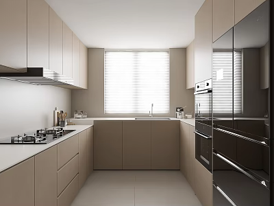 Modern Kitchen Interior In Neutral Tones With Beige Cabinets Stove Sink Window And Black Appliances 3d model