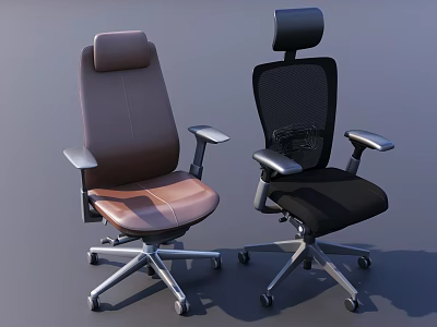 Brown Leather And Black Mesh Office Chairs With Armrests And Wheels 3d model