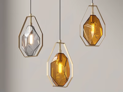 Three Illuminated Hexagonal Pendant Lights With Gold And Gray Glass Shades And Metal Frames 3d model