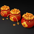 Three Red Fortune Bags Filled With Gold Coins Featuring Chinese Fu Characters And Scattered Coins
