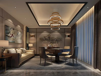Elegant Modern Hotel Mahjong Room With Sofa Dining Table Chairs Chandelier And Decorative Painting 3d model