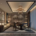 Elegant Modern Hotel Mahjong Room With Sofa Dining Table Chairs Chandelier And Decorative Painting 3d model