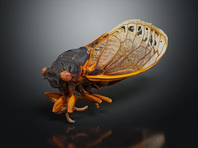 Close Up View Of A Cicada With Black Body Orange Transparent Wings And Red Eyes 3d model