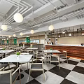 Contemporary Restaurant With Grid Ceiling Pendant Lights Checkerboard Floor Green Walls And Long Bar