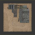 Cartoon Mining Scene With Red Building Green Crane Gray Roof And Wooden Fence