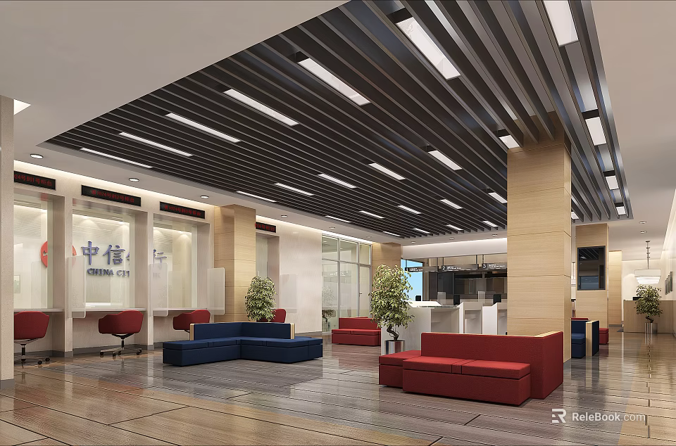 Public Service Hall Modern Interior With Red Blue Sofas Green Plants Strip Lights Service Counters 3d model 