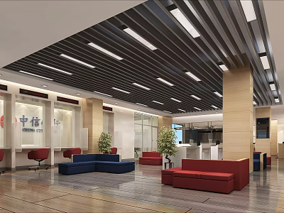 Public Service Hall Modern Interior With Red Blue Sofas Green Plants Strip Lights Service Counters 3d model