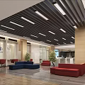Public Service Hall Modern Interior With Red Blue Sofas Green Plants Strip Lights Service Counters 3d model
