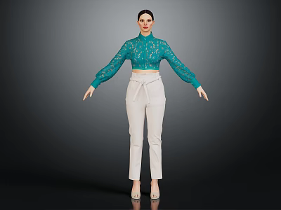 Woman in Green Lace Top and White Pants Standing Against Dark Background 3d model
