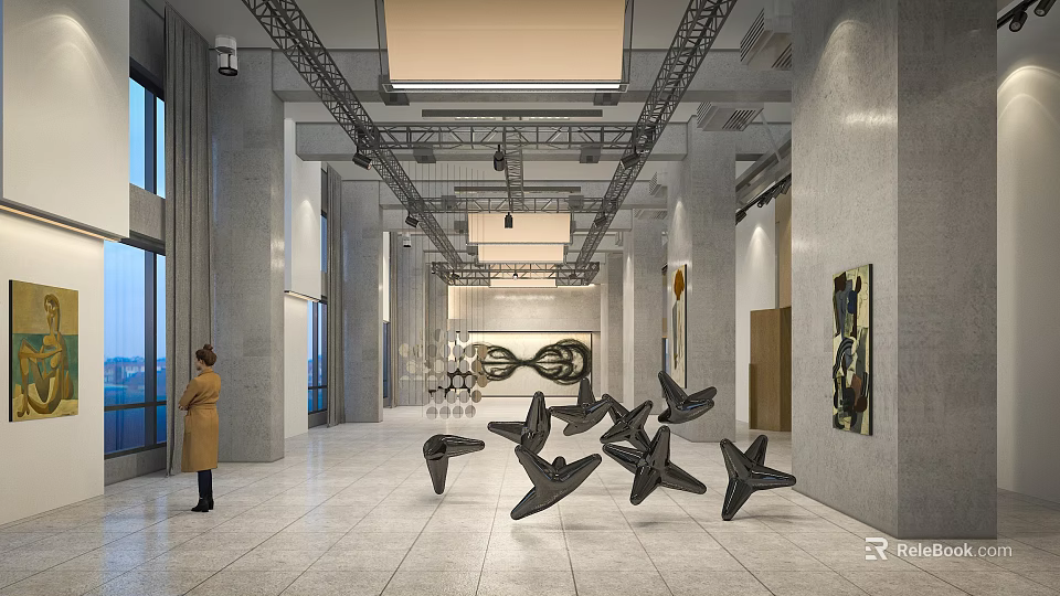 Book Art Exhibition Hall with Gray Walls Paintings Metal Trusses And Sculptures White Floor Tiles 3d model 