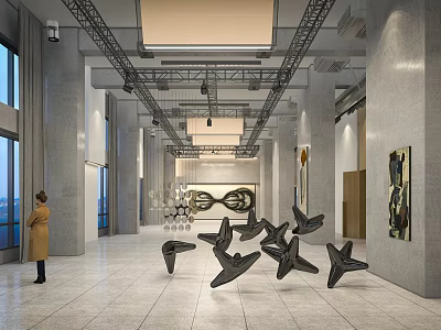 Book Art Exhibition Hall with Gray Walls Paintings Metal Trusses And Sculptures White Floor Tiles 3d model